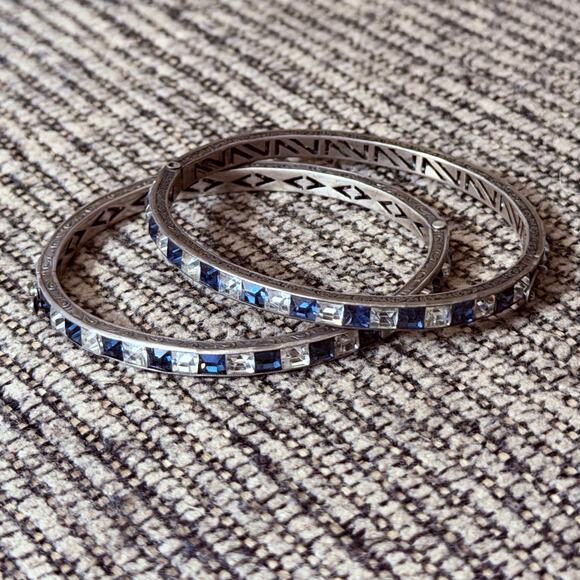 Vintage Jewelry - Vintage Sterling Silver Art Deco Blue Clear Paste Stones Hinged Bracelets- 2pc